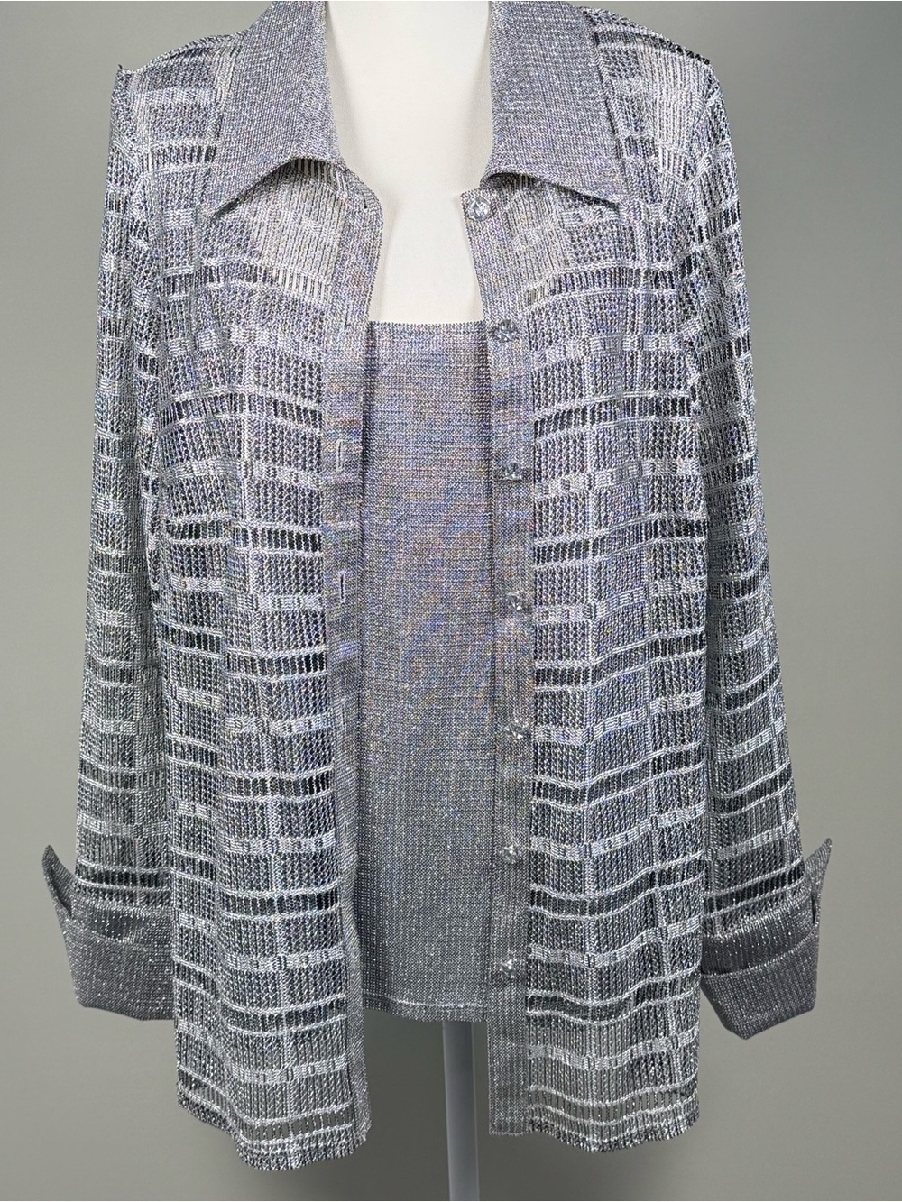 JS Collections Metallic Knit Twin Set Silver Diamond Buttons Wedding Size 18
